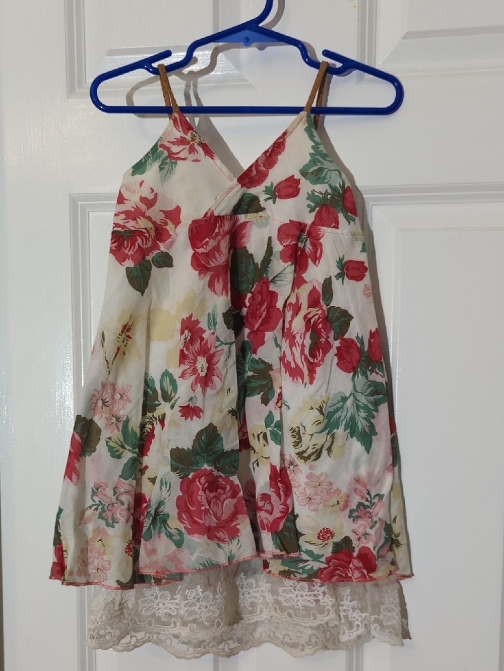4T Girls' Cream Floral Lace-Hem Sundress with Red Rose Print